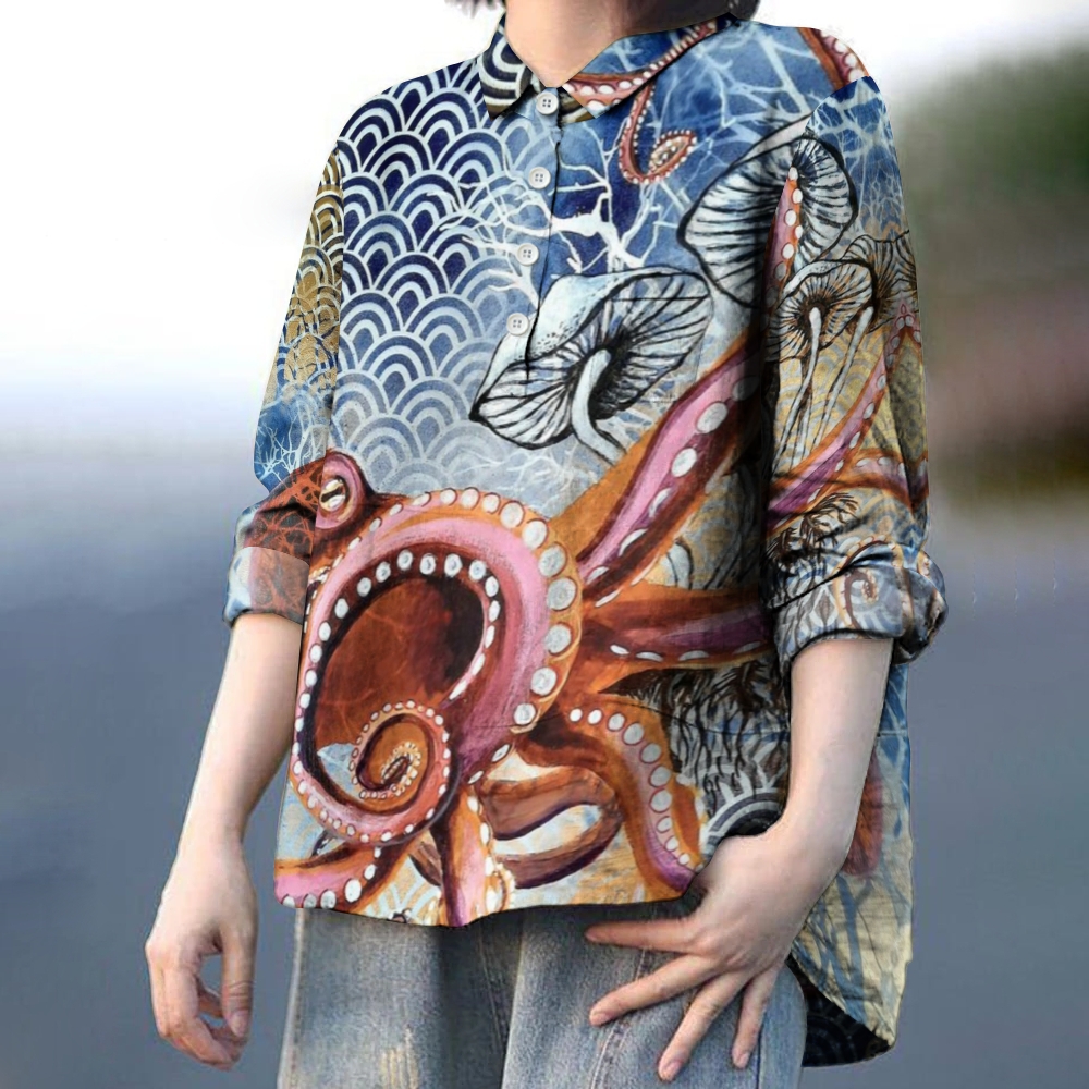 Women's Ocean Wave Octopus Printed Casual Long Sleeve Shirt