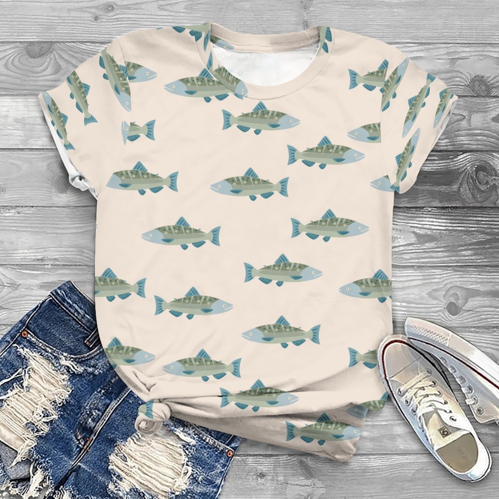 Women's Fish Printed Round Neck T-Shirt