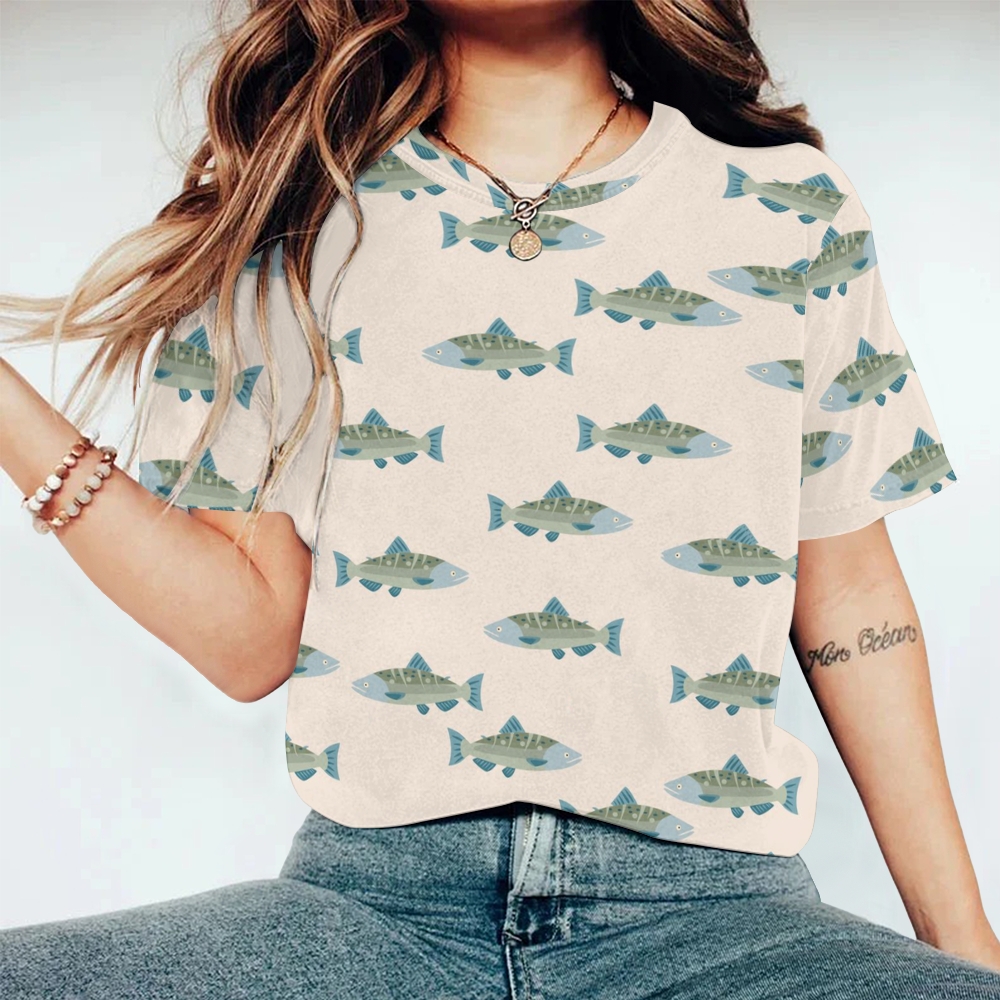Women's Fish Printed Round Neck T-Shirt