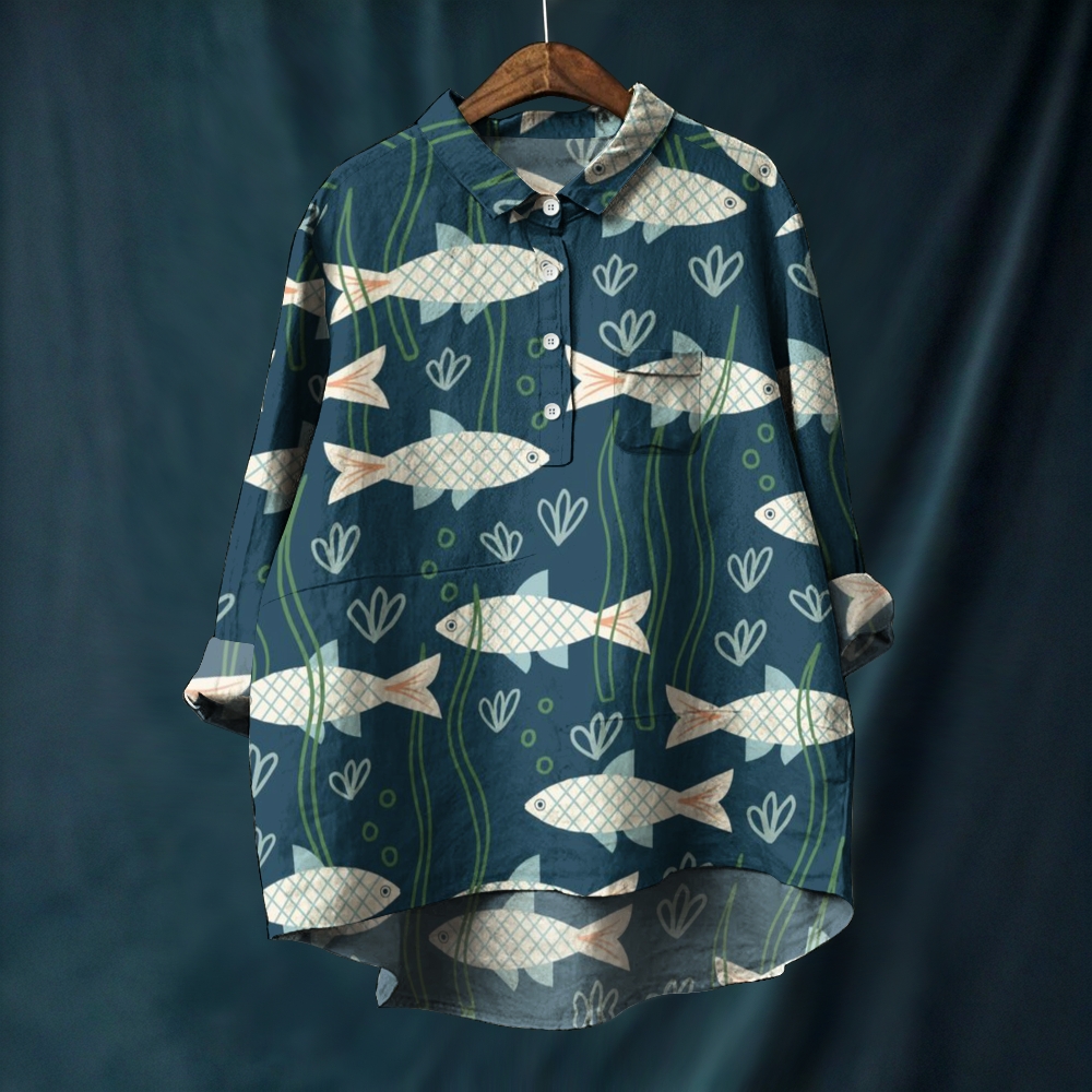 Women's Geometric Fish Printed Casual Long Sleeve Shirt