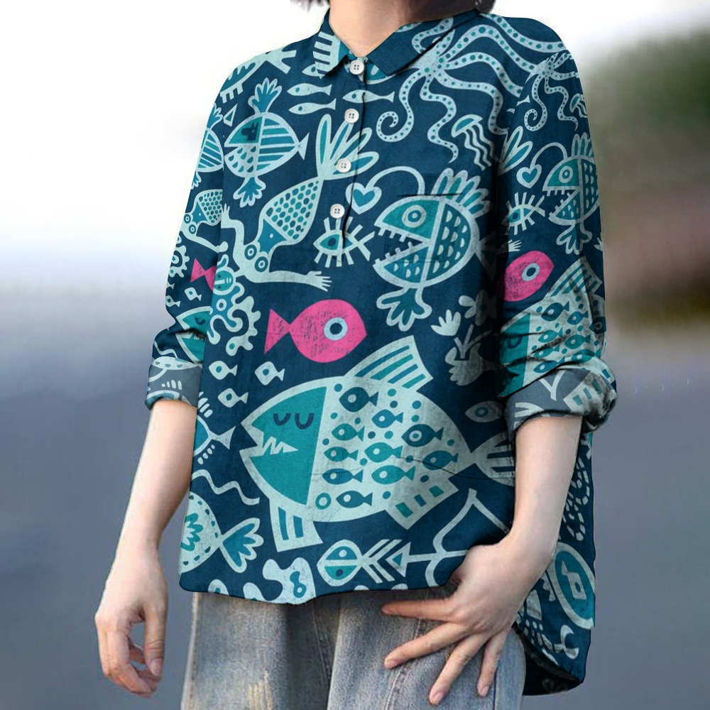 Women's Cartoon Geometric Fish Printed Casual Long Sleeve Shirt