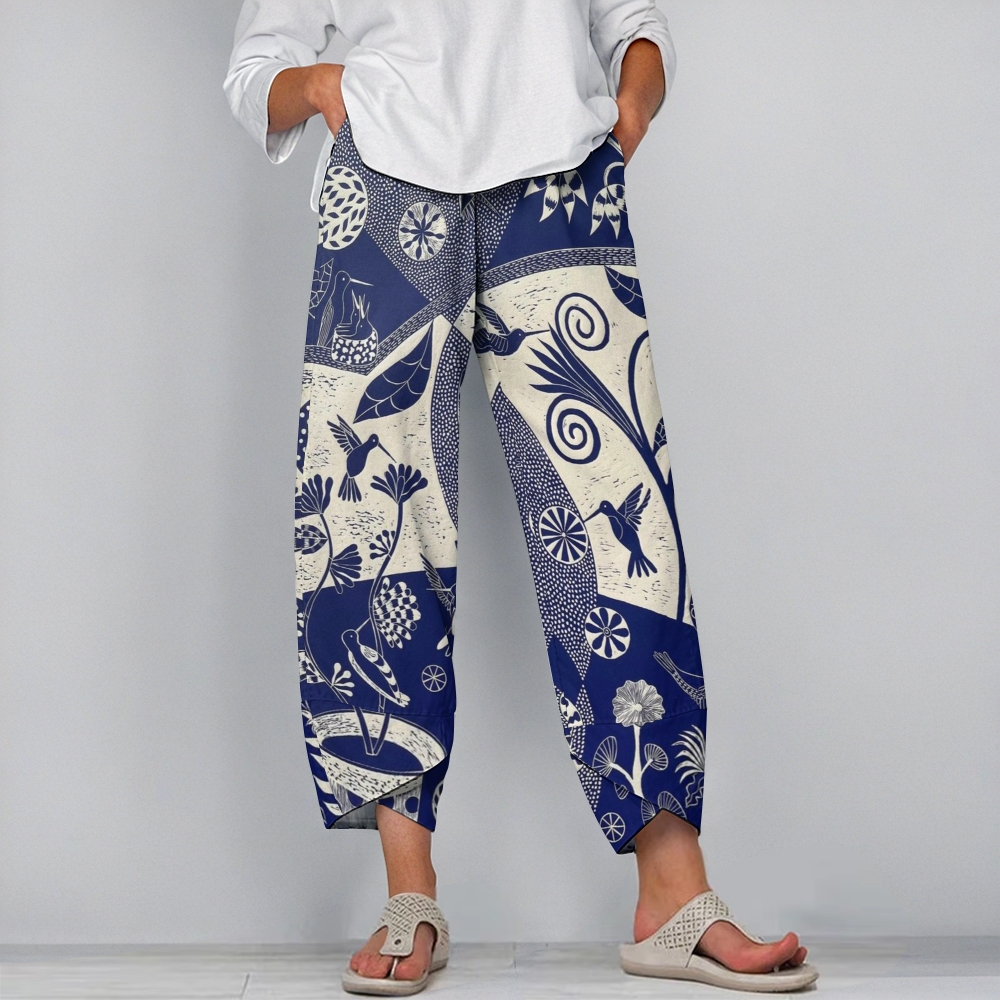 Women's Casual Vintage Flowers And Birds Printed Pants