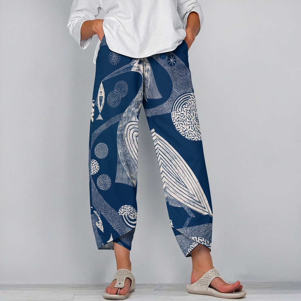Women's Casual Vintage Birds And Fish Printed Pants