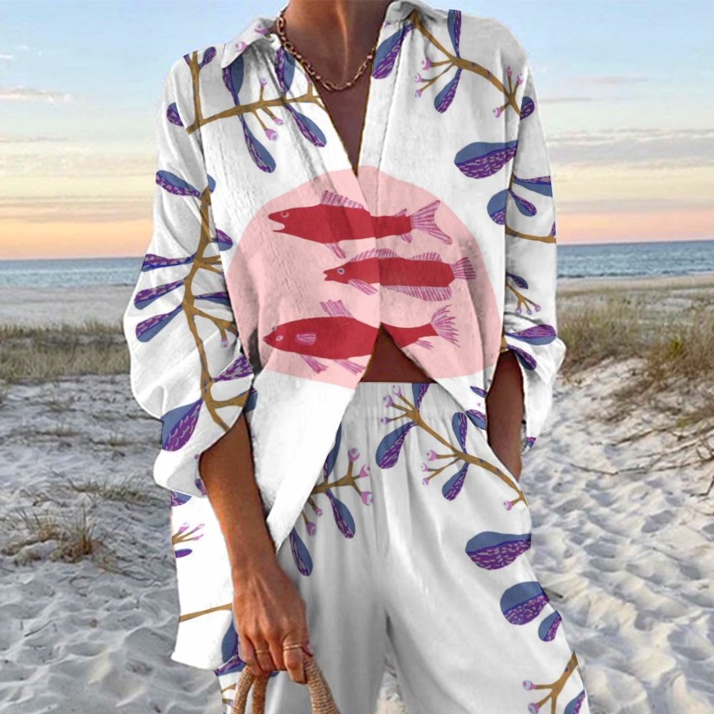 Women's Vintage Fish Printed Shirt & Pants Two-piece Set