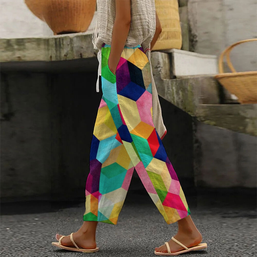 Women's Color Square Printed Trousers