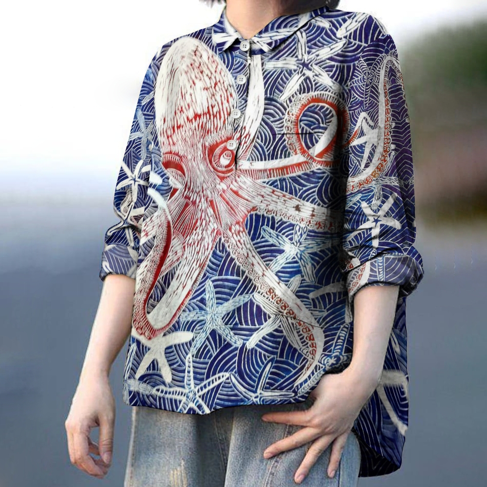 Women's Starfish Octopus Printed Casual Long Sleeve Shirt