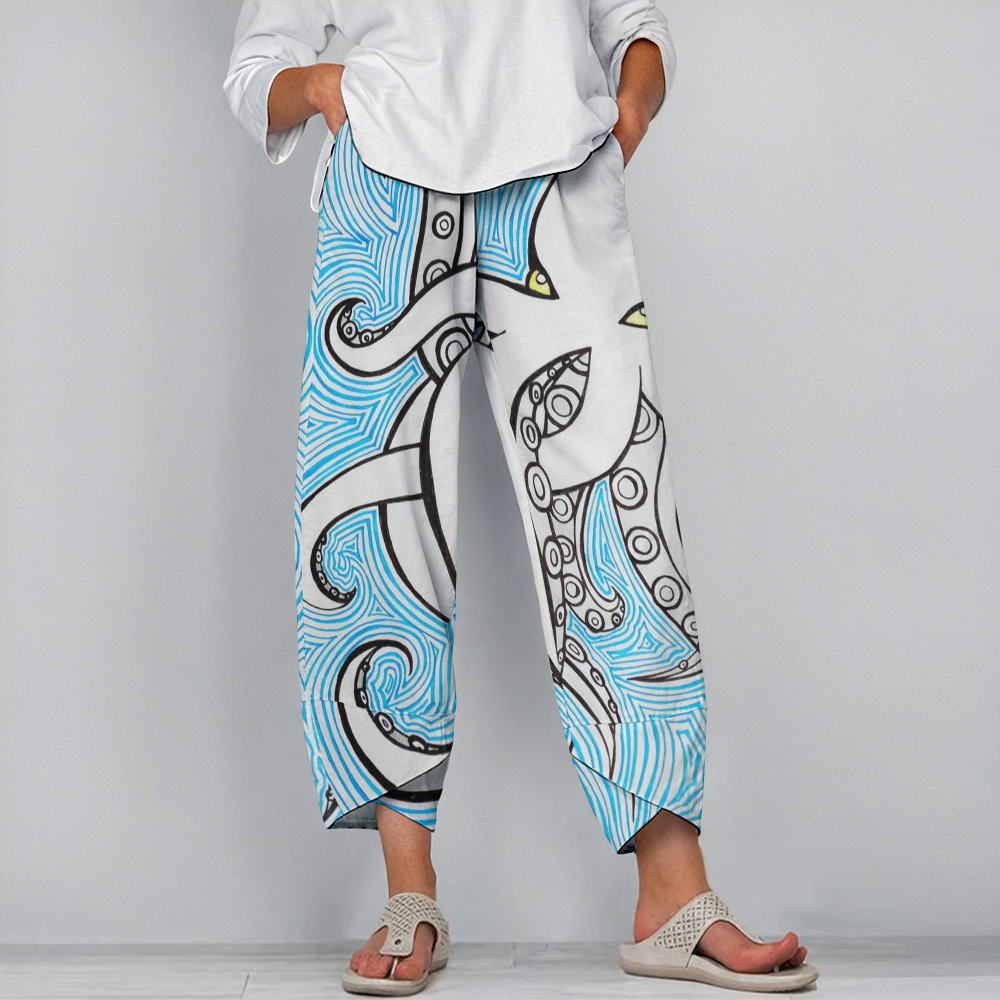 Women's Casual Ocean Wave Octopus Printed Pants