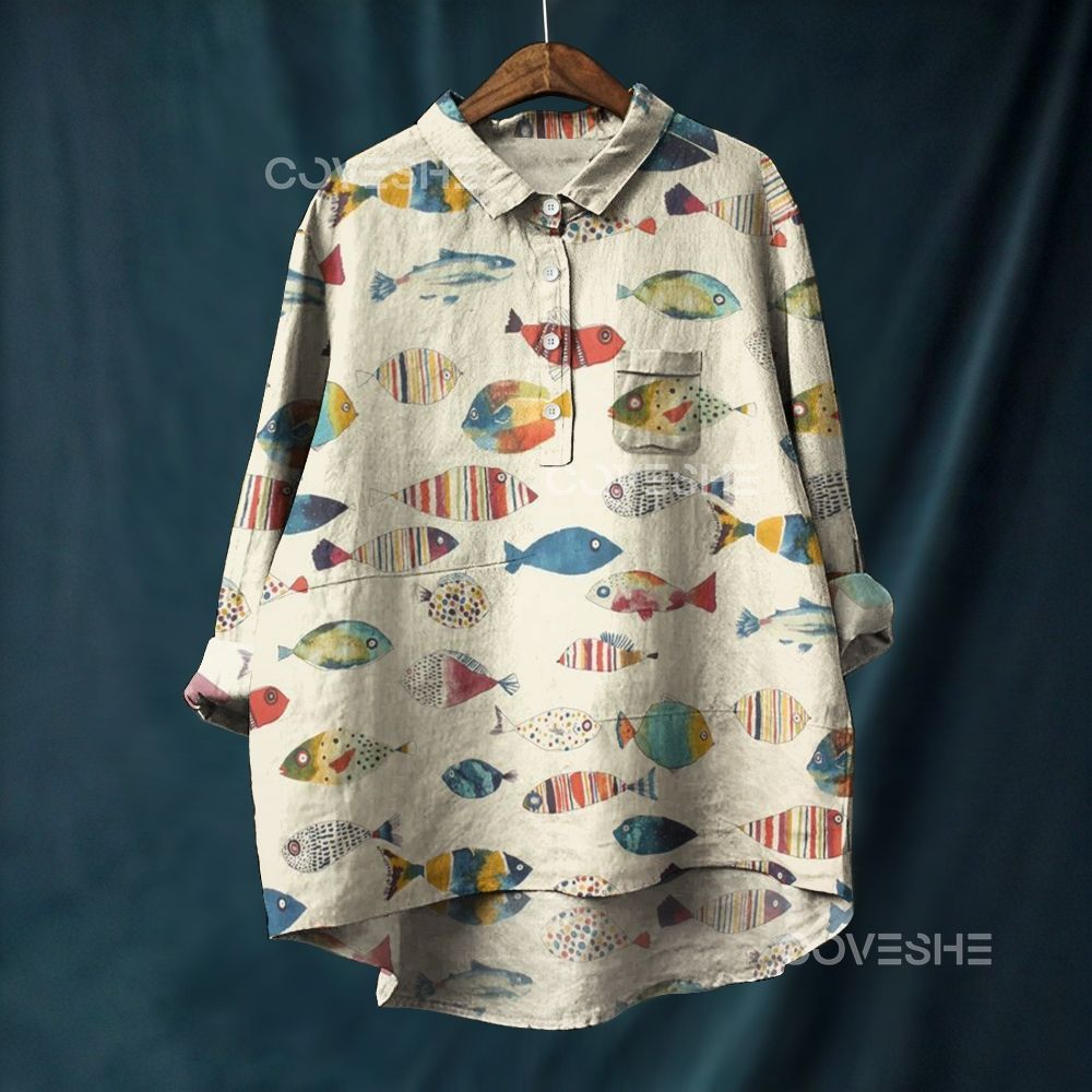 Women's Colorful Fish Printed Casual Long Sleeve Shirt