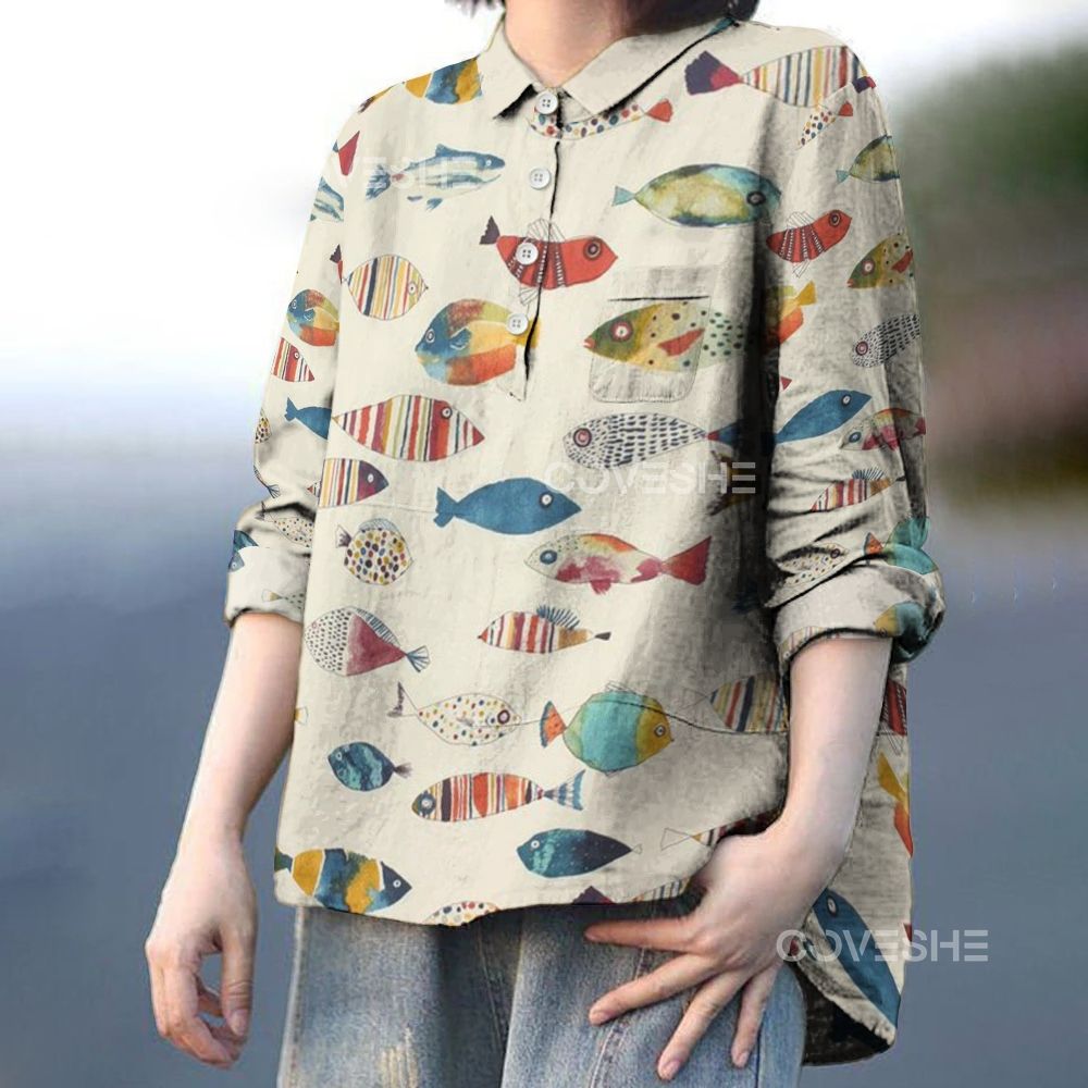 Women's Colorful Fish Printed Casual Long Sleeve Shirt