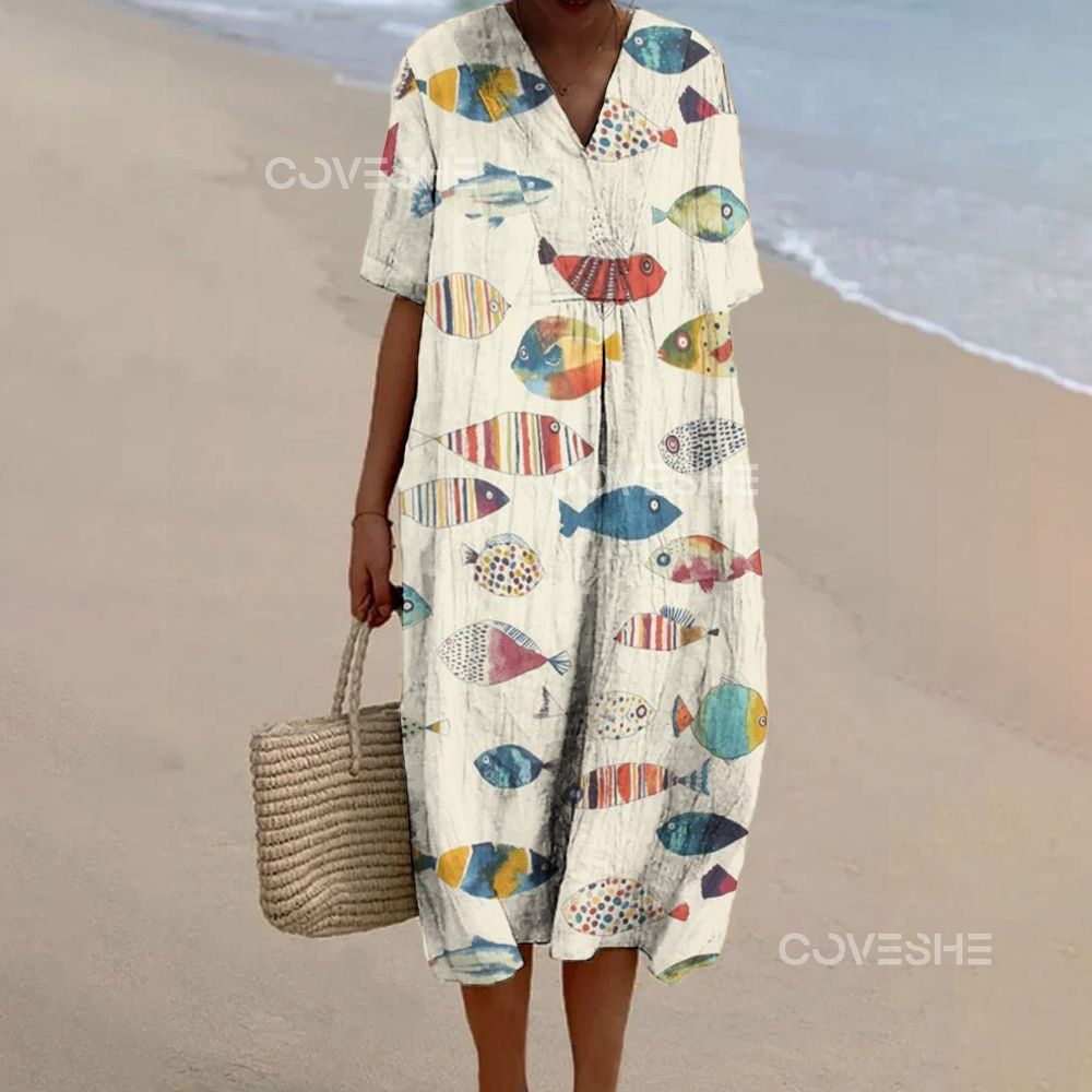 Women's Colorful Fish Printed Flowy Dress