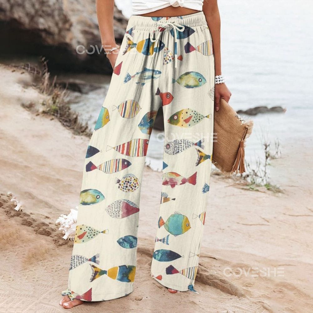 Women's Wide Leg Casual Colorful Fish Printed Pants
