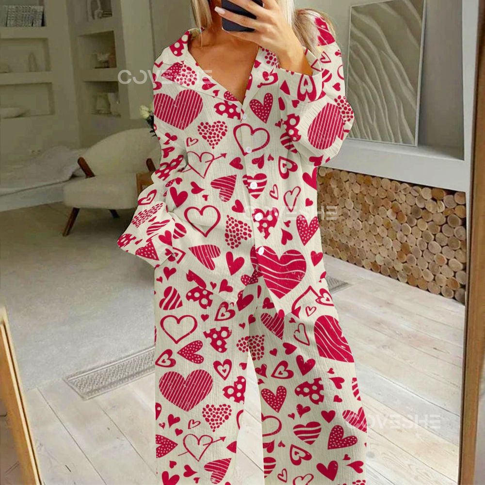 Women's Geometric Heart Printed Cotton Cardigan Homewear Set