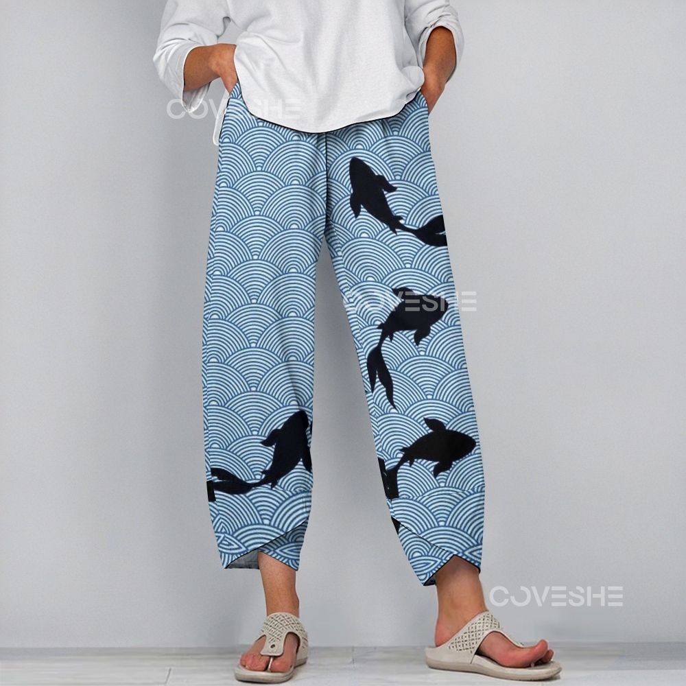 Women's Casual Wave Koi Printed Pants