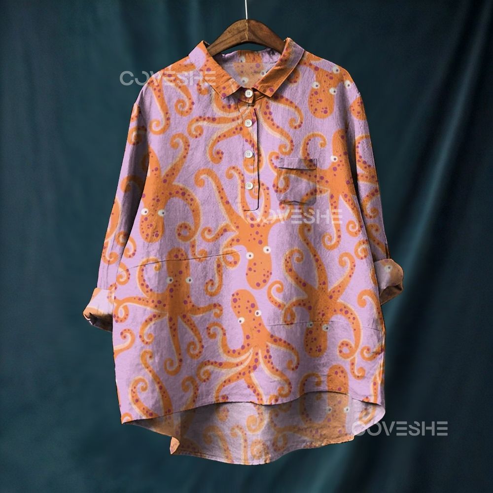Women's Cartoon Octopus Printed Casual Long Sleeve Shirt
