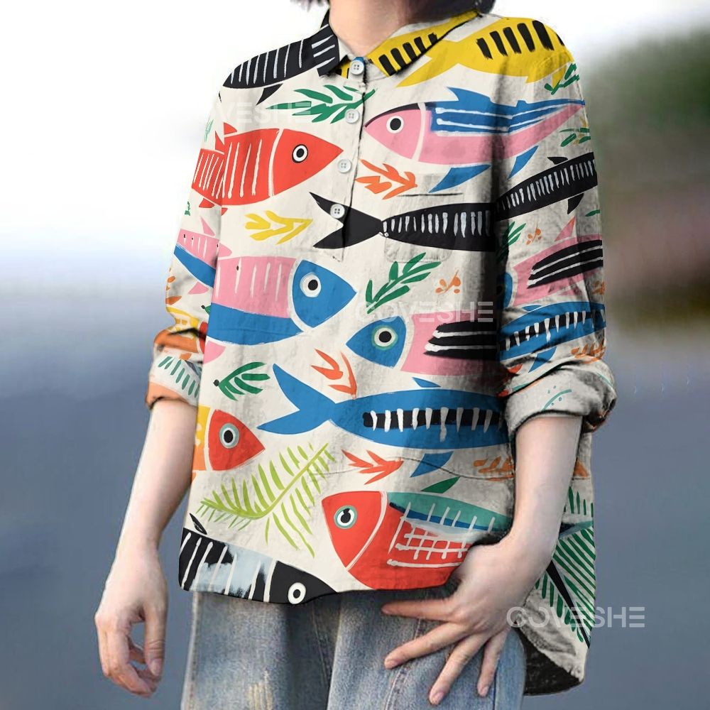 Women's Colorful Geometric Fish Printed Casual Long Sleeve Shirt