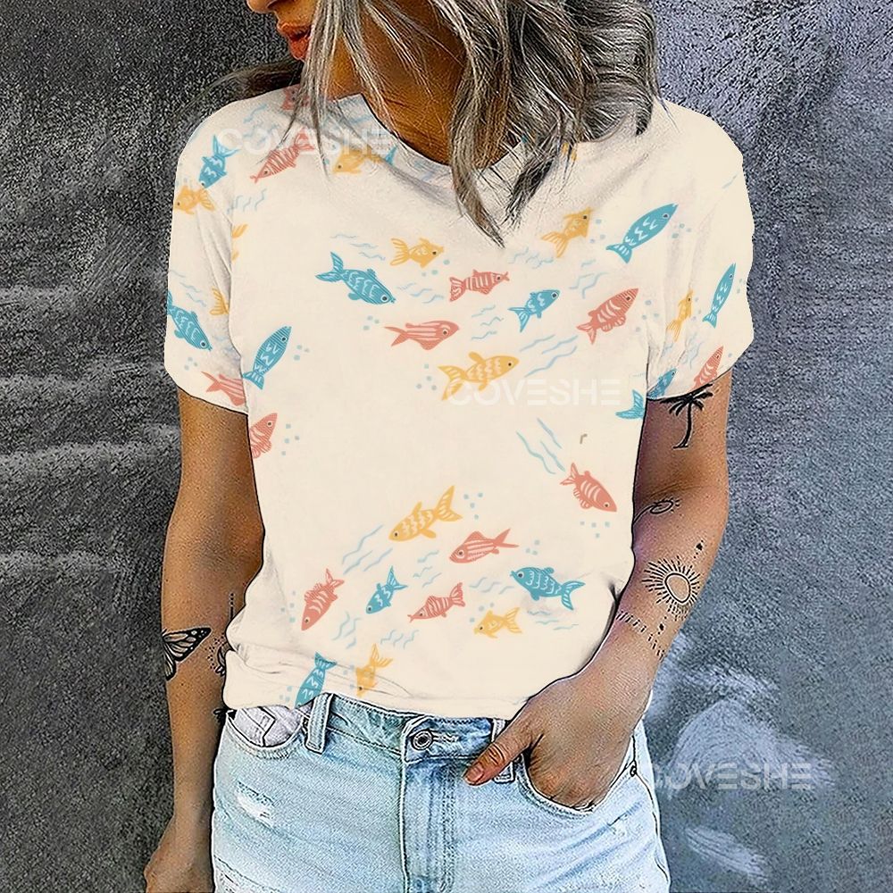 Women's Colorful Fish Printed Round Neck T-Shirt