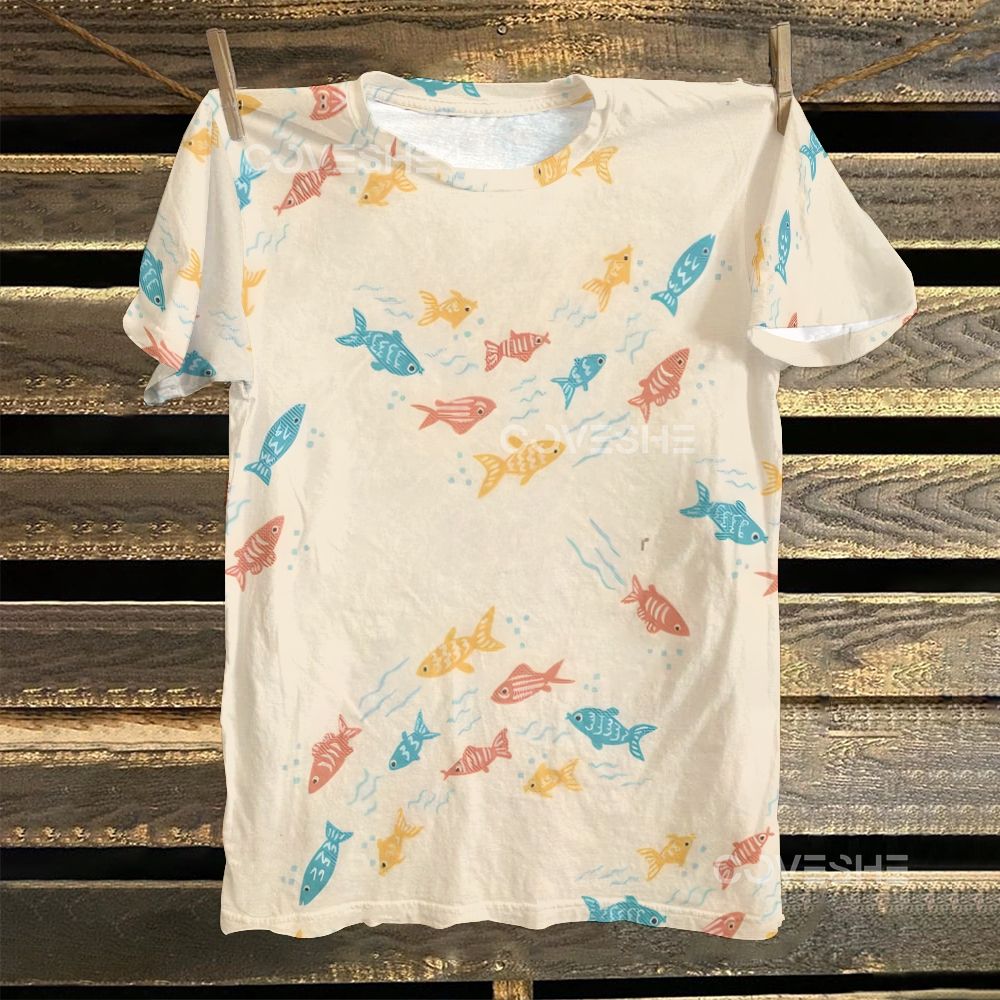 Women's Colorful Fish Printed Round Neck T-Shirt