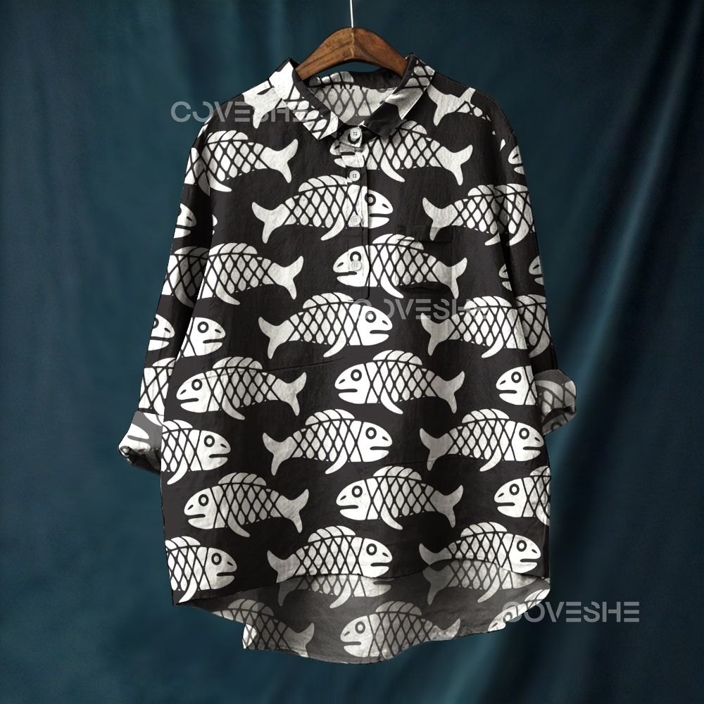 Women's Geometric Fish Printed Casual Long Sleeve Shirt