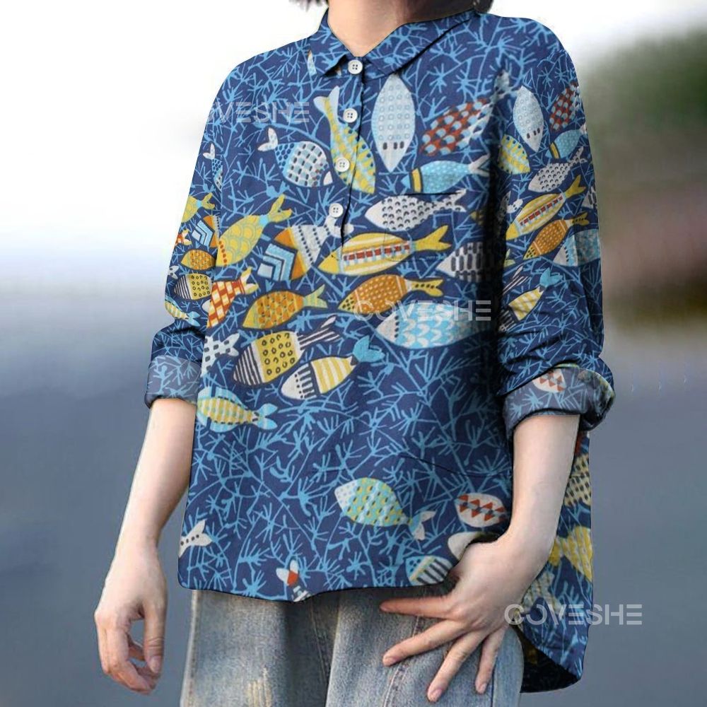 Women's Geometric Color Fish Printed Casual Long Sleeve Shirt
