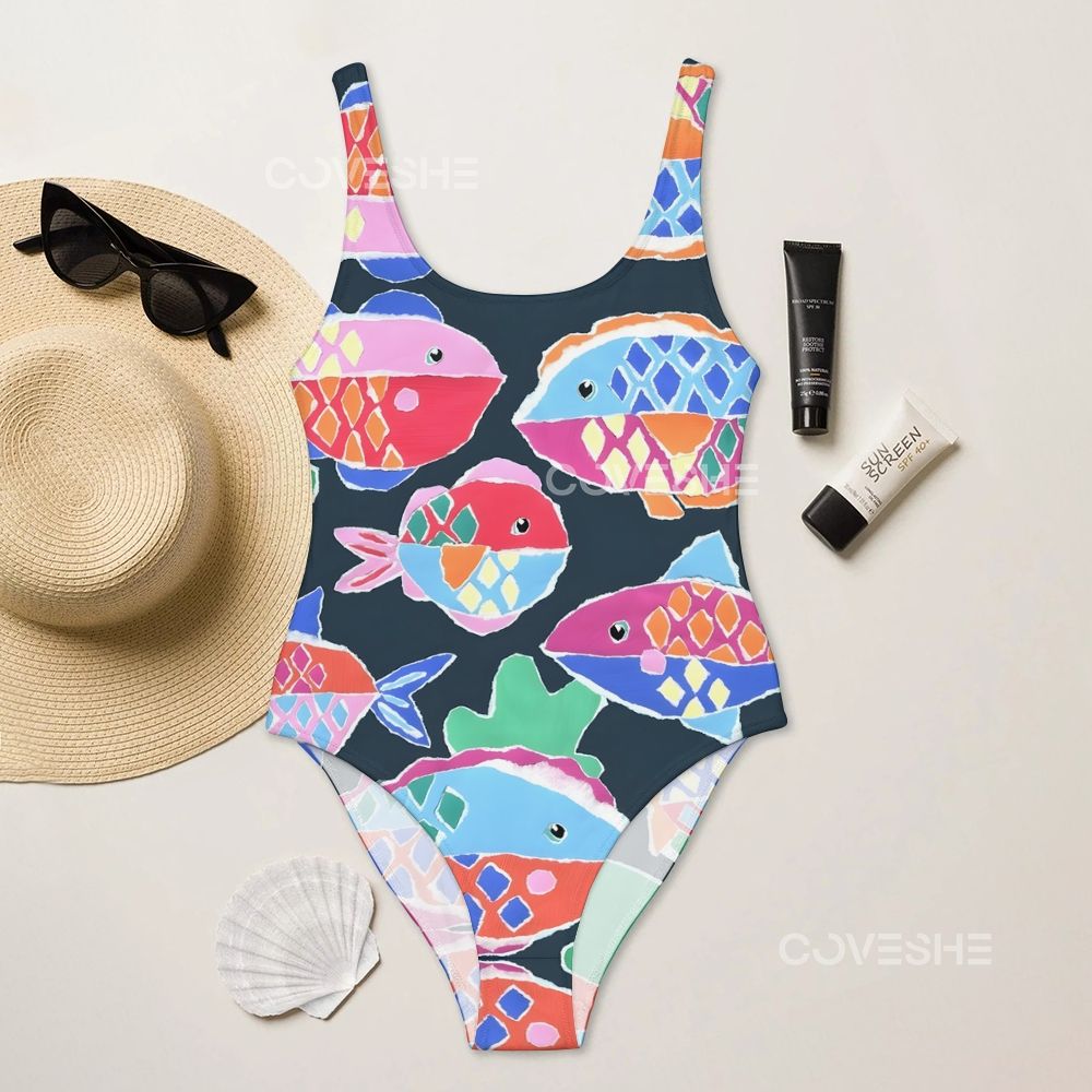 Colorful Cartoon Fish Printed one piece swimsuit