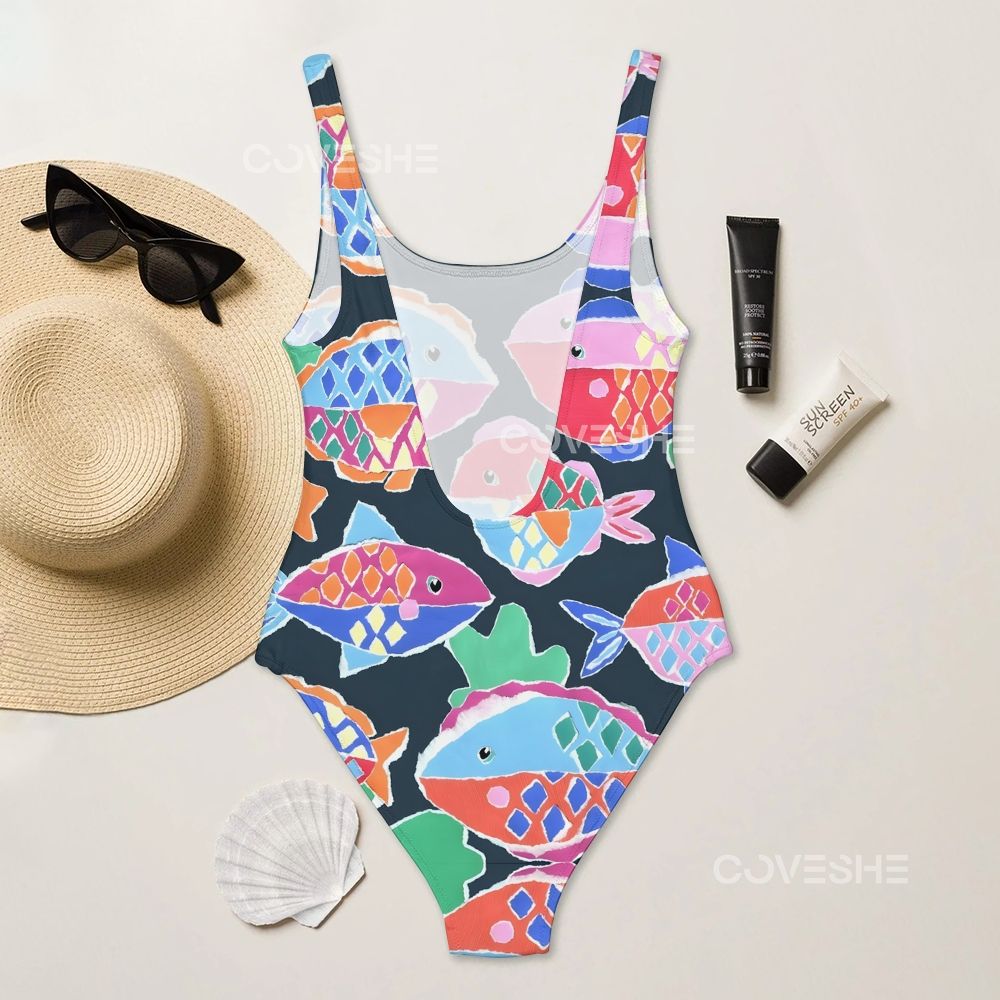 Colorful Cartoon Fish Printed one piece swimsuit