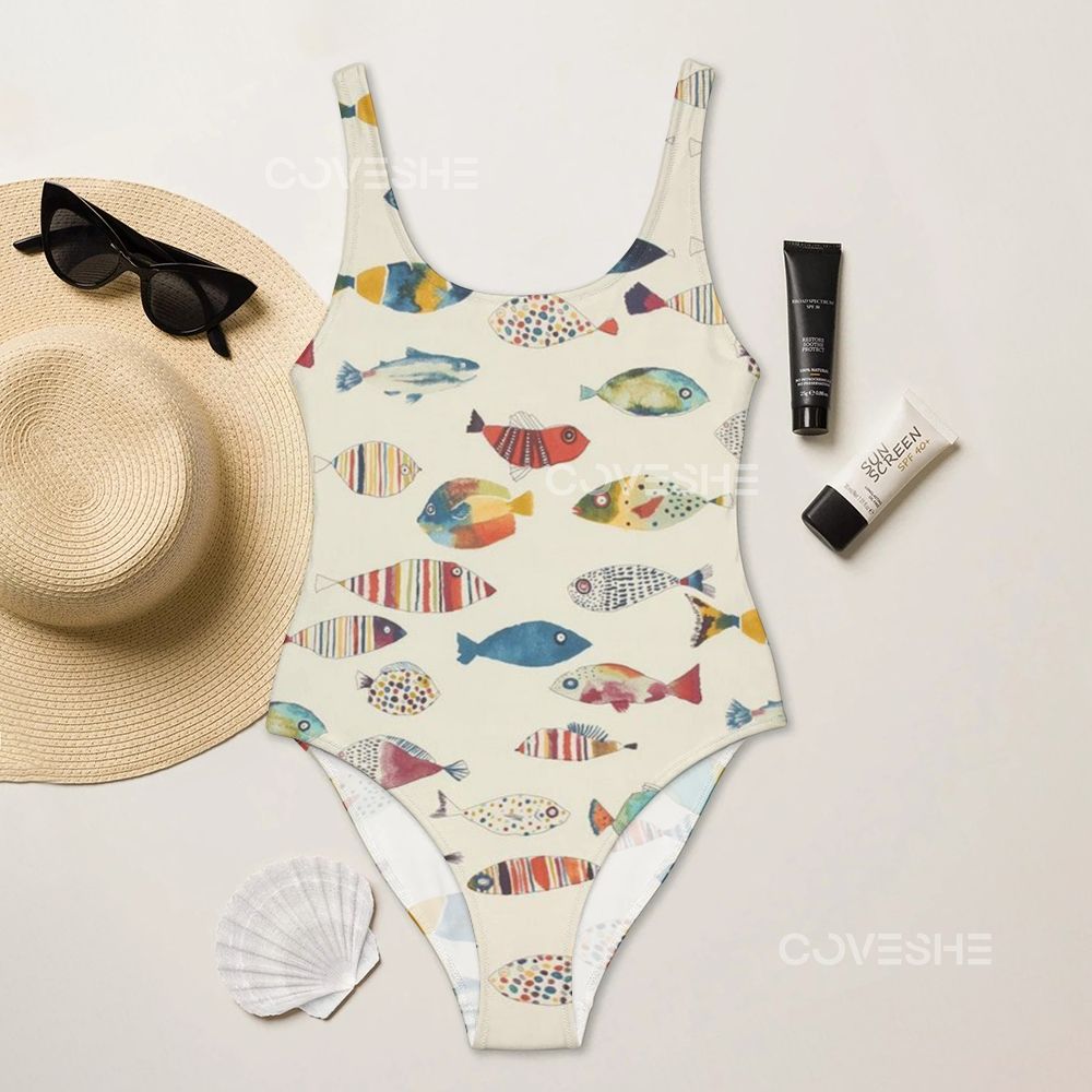 Colorful Cartoon Fish Printed one piece swimsuit
