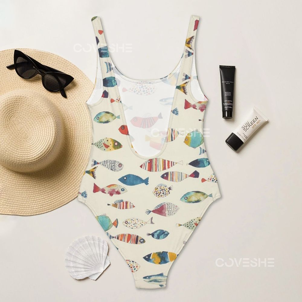 Colorful Cartoon Fish Printed one piece swimsuit