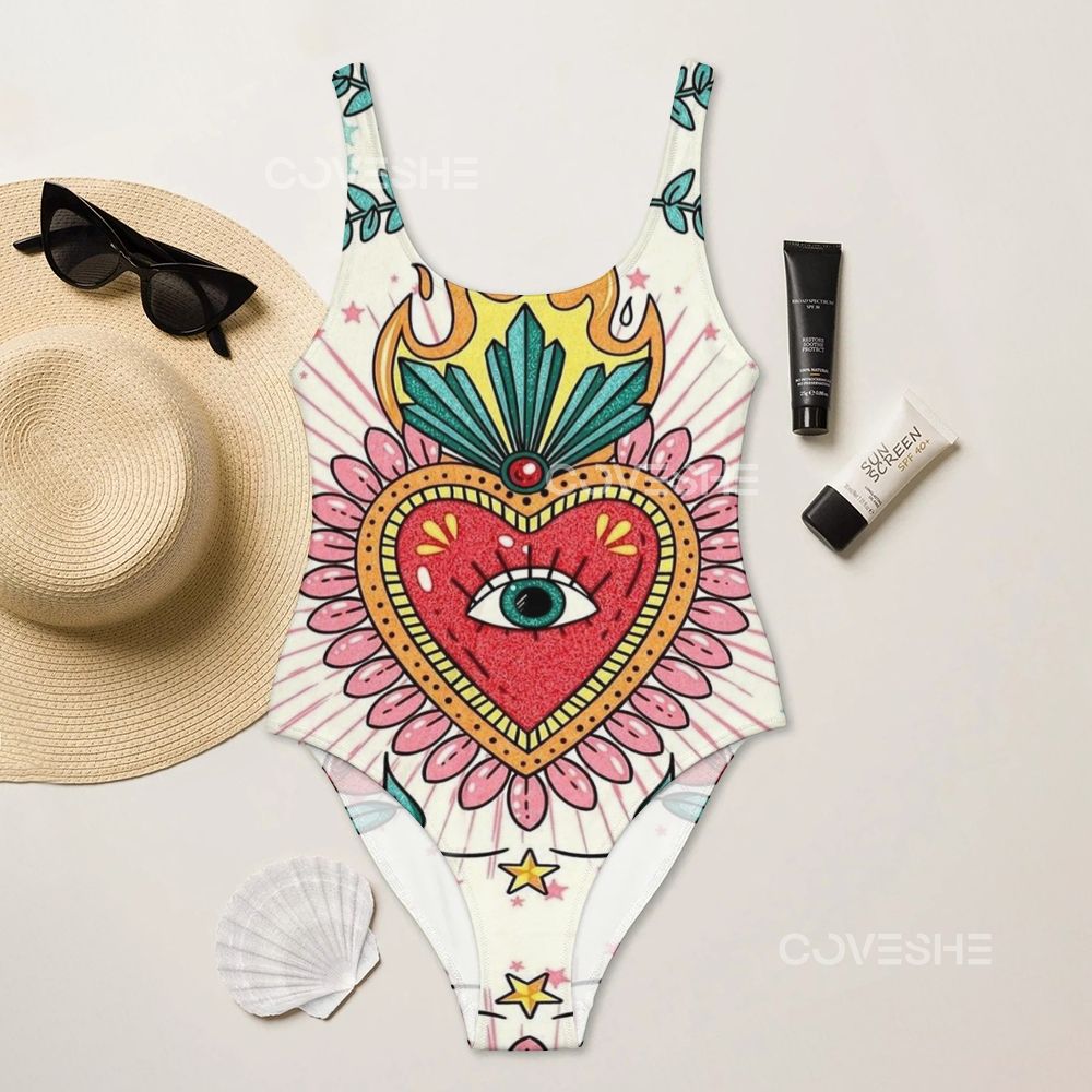 Abstract Art Heart Eyes Printed one piece swimsuit