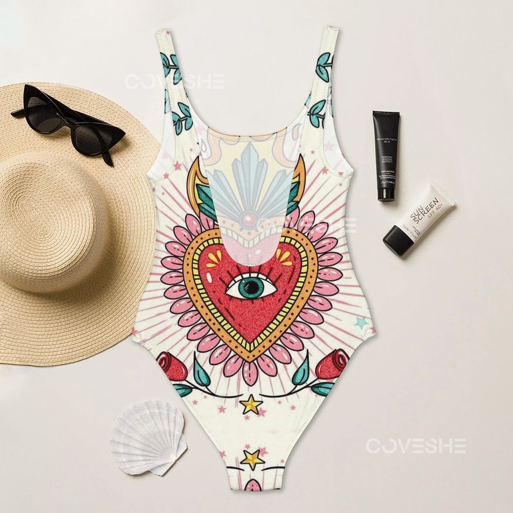 Abstract Art Heart Eyes Printed one piece swimsuit