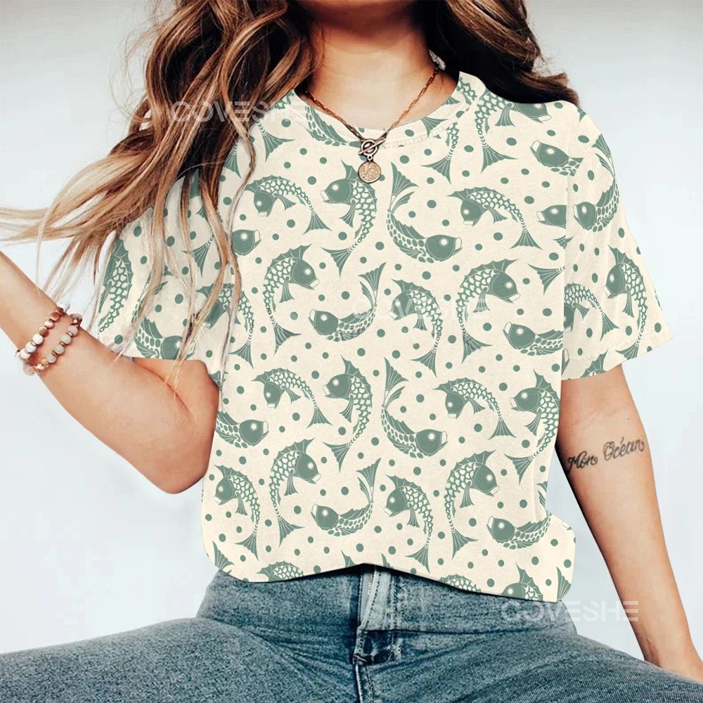 Women's Polka Dot Fish Printed Round Neck T-Shirt