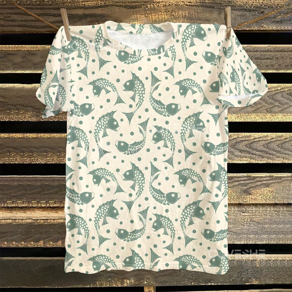 Women's Polka Dot Fish Printed Round Neck T-Shirt