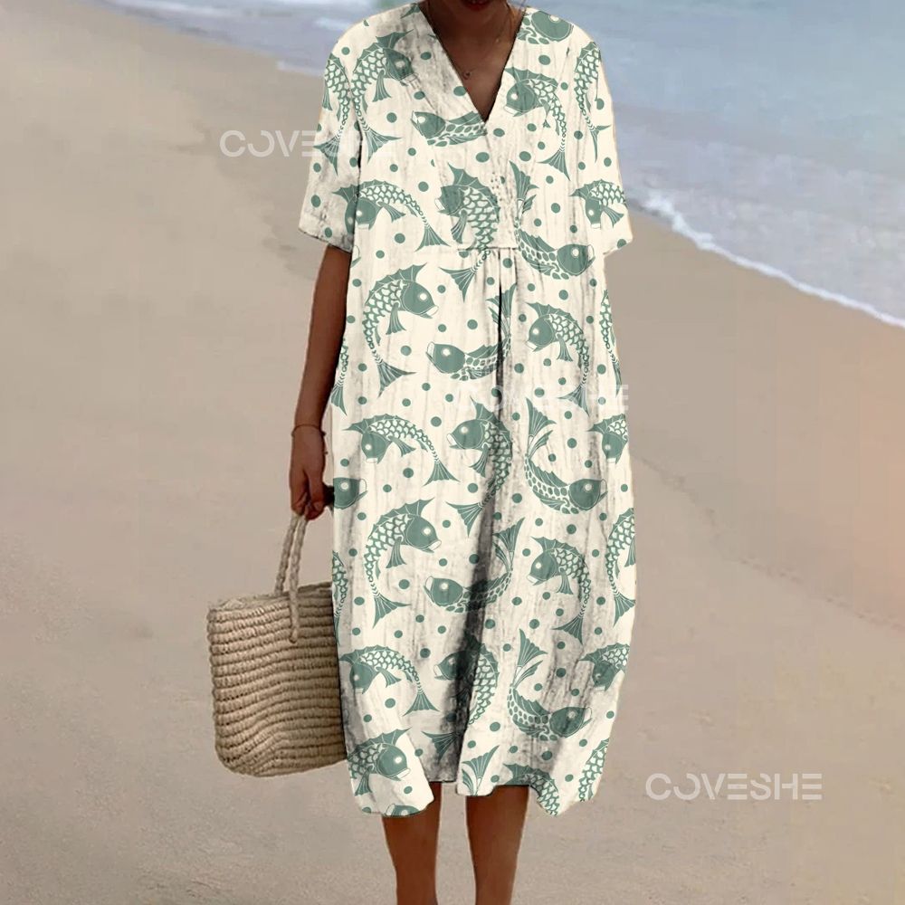 Women's Polka Dot Fish Printed Flowy Dress