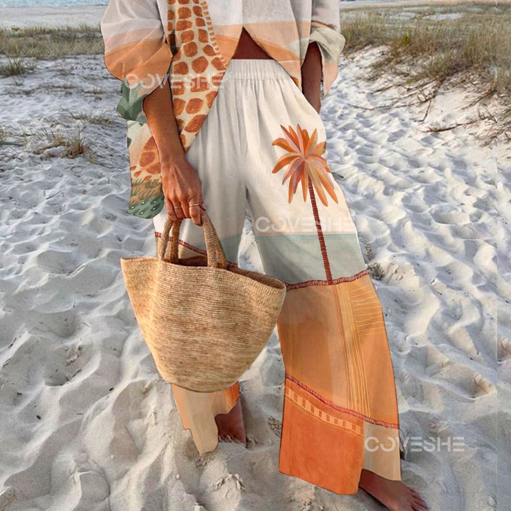 Women's Giraffe Printed Shirt & Pants Two-piece Set