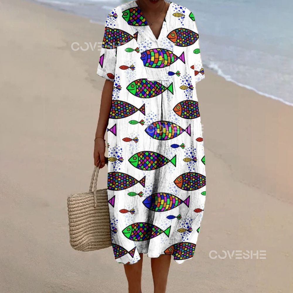 Women's Colorful Geometric Fish Printed Flowy Dress