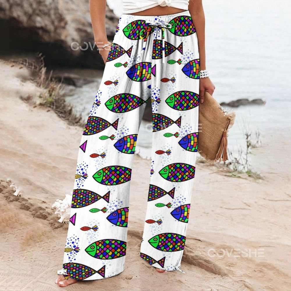 Women's Wide Leg Casual Colorful Geometric Fish Printed Pants