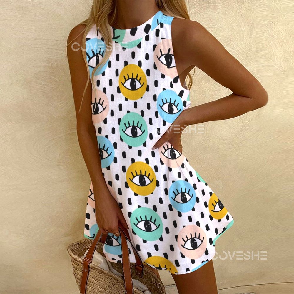 Women's Sleeveless Polka Dot Color Eyes Printed Dress