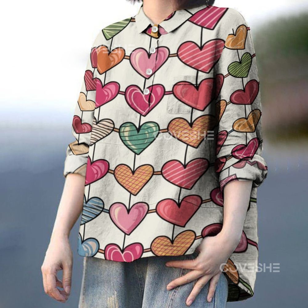 Women's Geometry Heart Printed Casual Long Sleeve Shirt