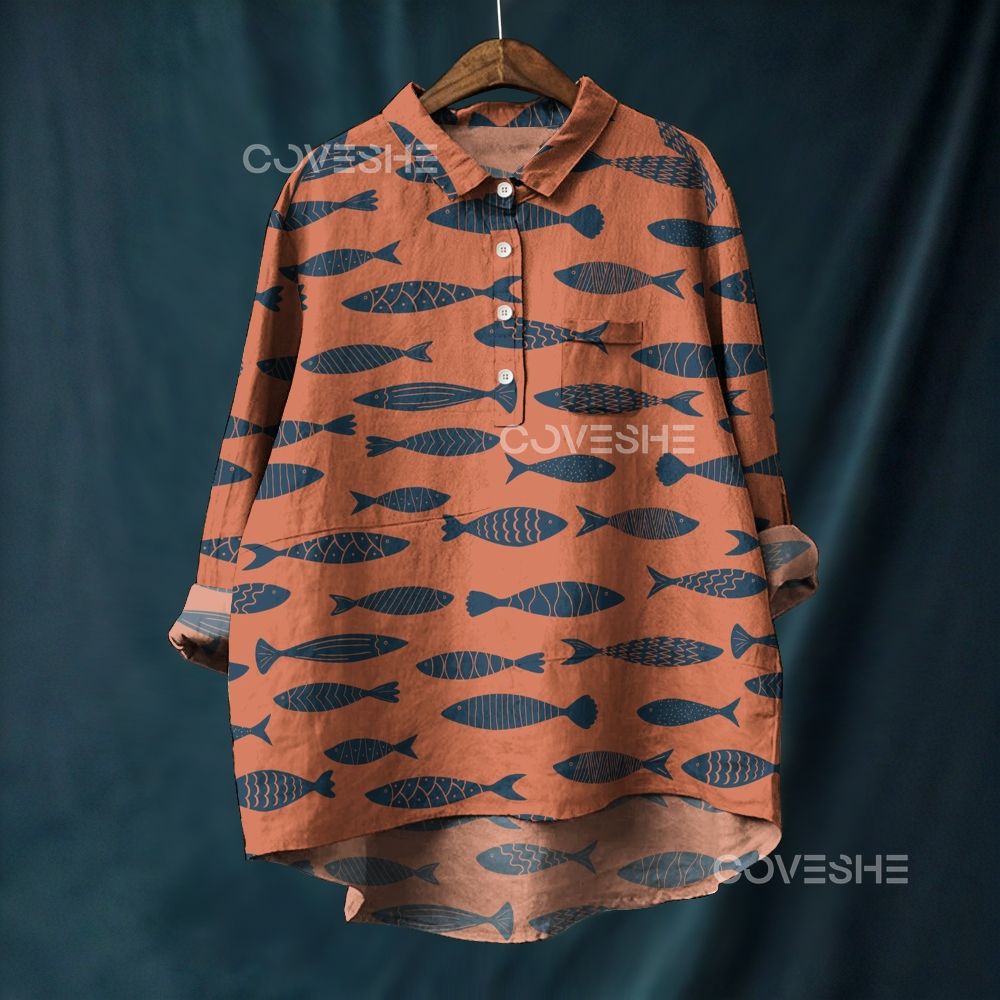 Women's Geometric Fish Printed Casual Long Sleeve Shirt