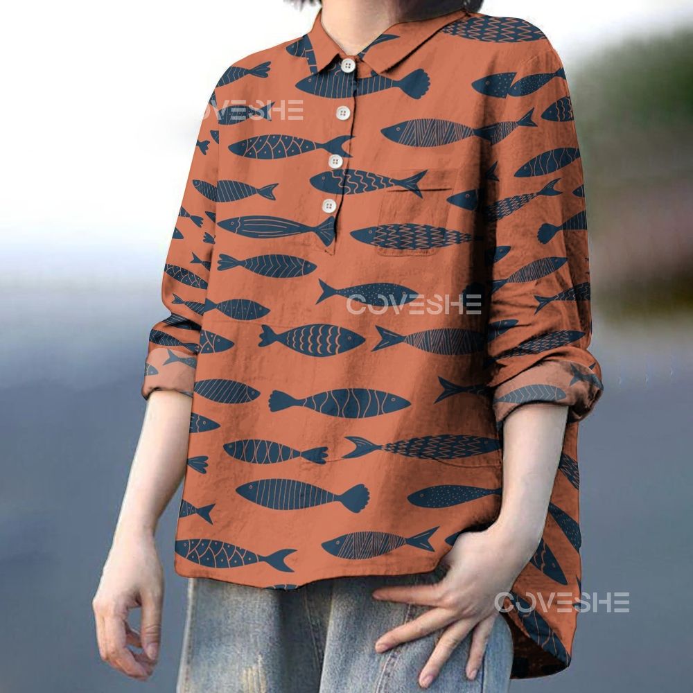 Women's Geometric Fish Printed Casual Long Sleeve Shirt