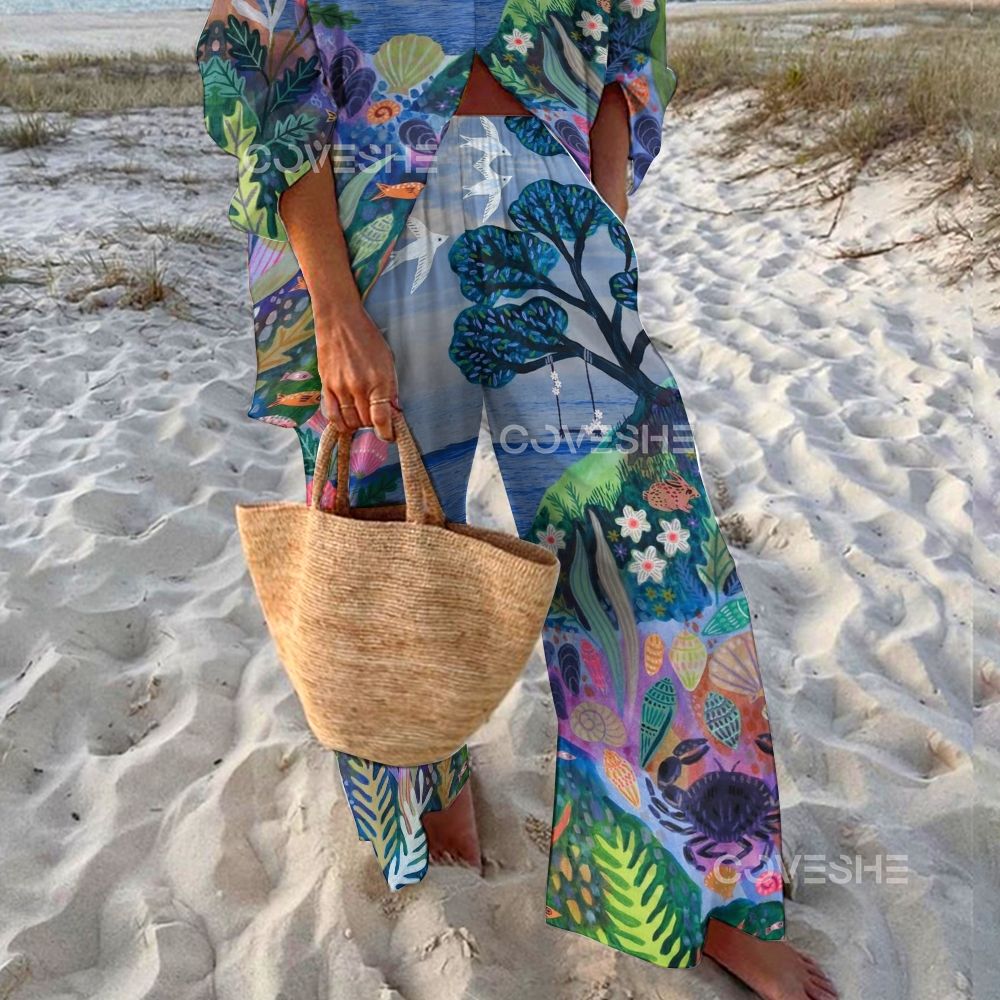 Women's Underwater World Printed Shirt & Pants Two-piece Set