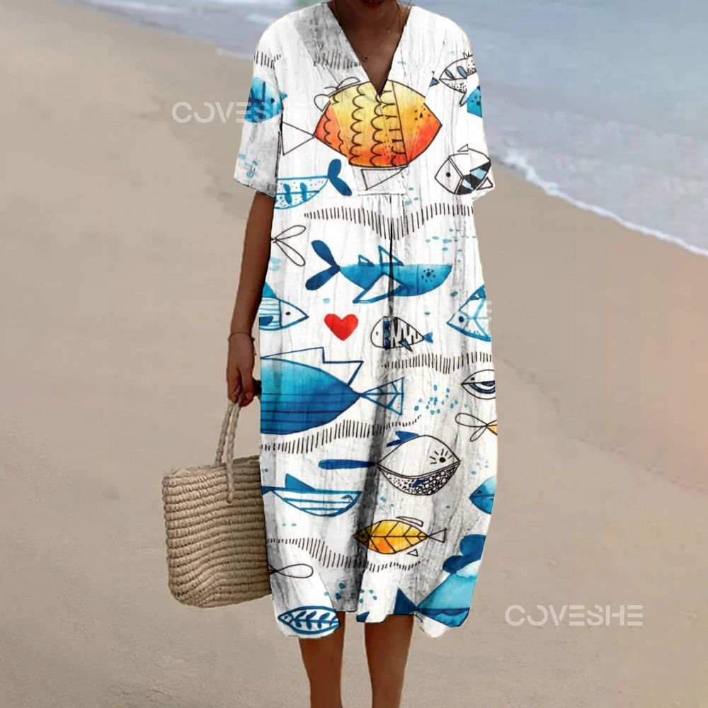 Women's Geometric Line Fish Printed Flowy Dress