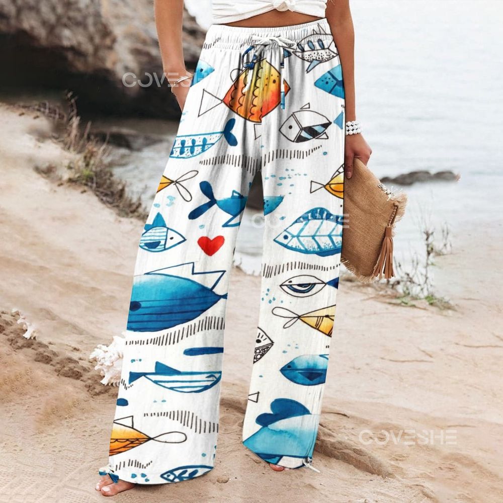 Women's Wide Leg Casual Geometric Line Fish Printed Pants