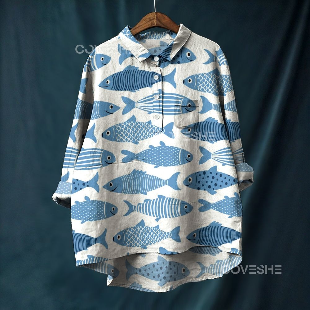 Women's Geometric Fish Printed Casual Long Sleeve Shirt