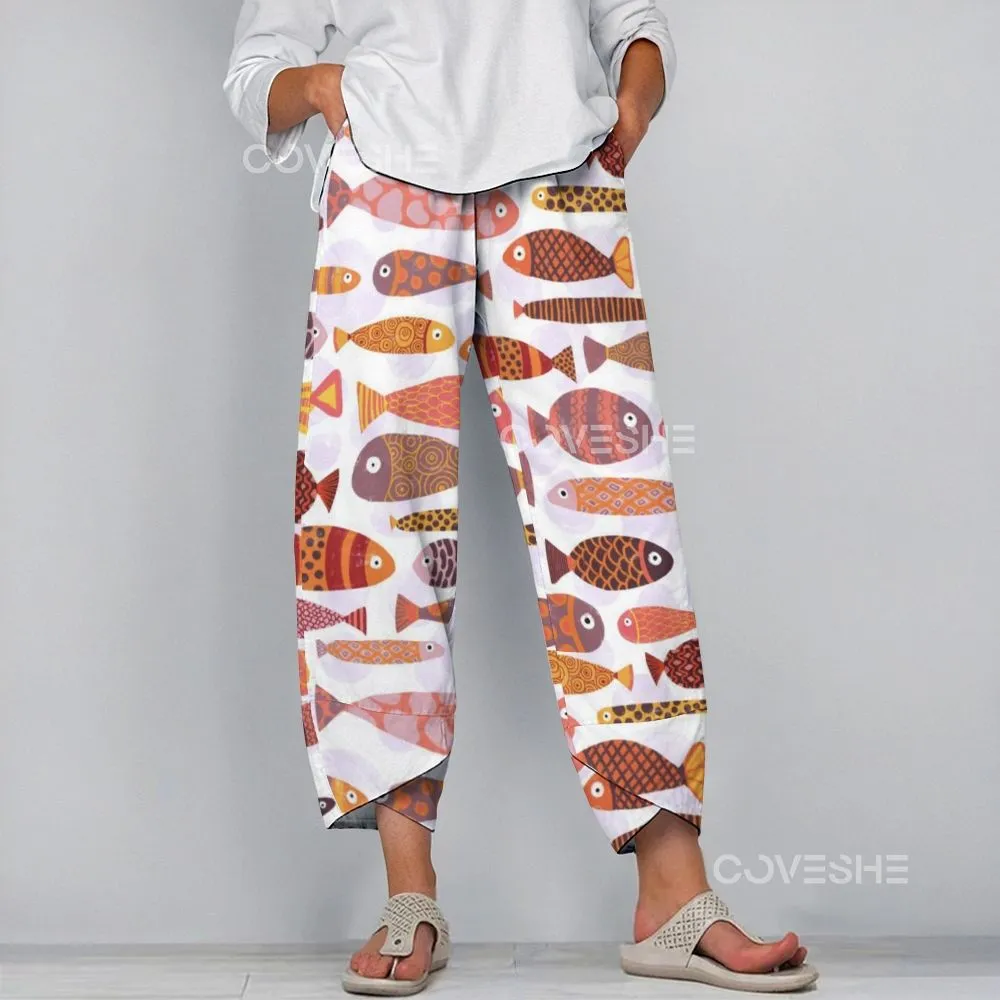 Women's Wide Leg Casual Colorful Geometric Fish Printed Pants