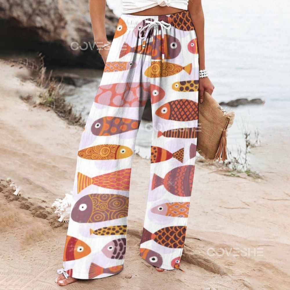 Women's Wide Leg Casual Colorful Geometric Fish Printed Pants