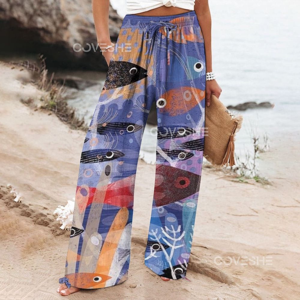 Women's Wide Leg Casual Sea ​​Bottom Fish Printed Pants