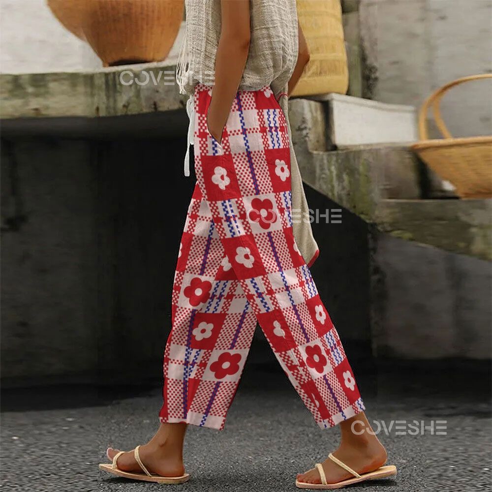 Women's Geometric Square Flowers Printed Trousers