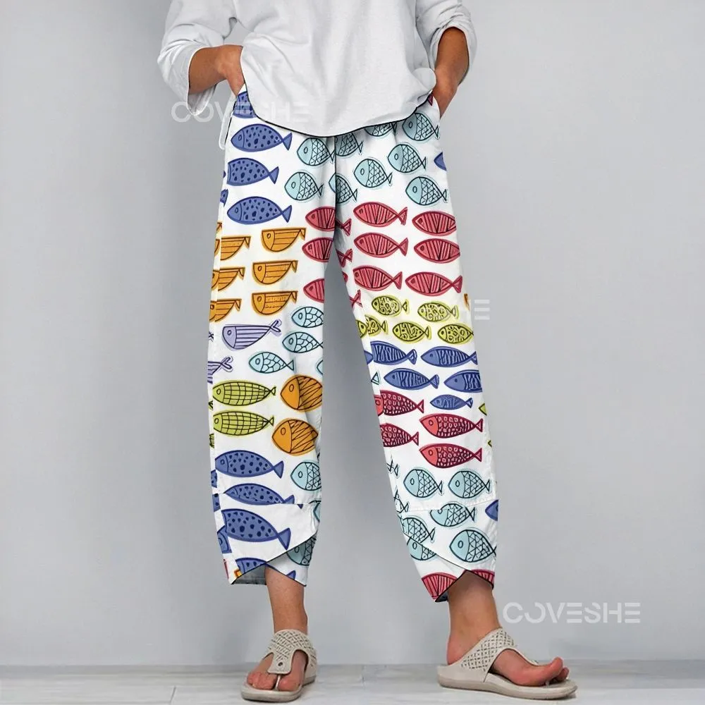 Women's Wide Leg Casual Colorful Fish Printed Pants