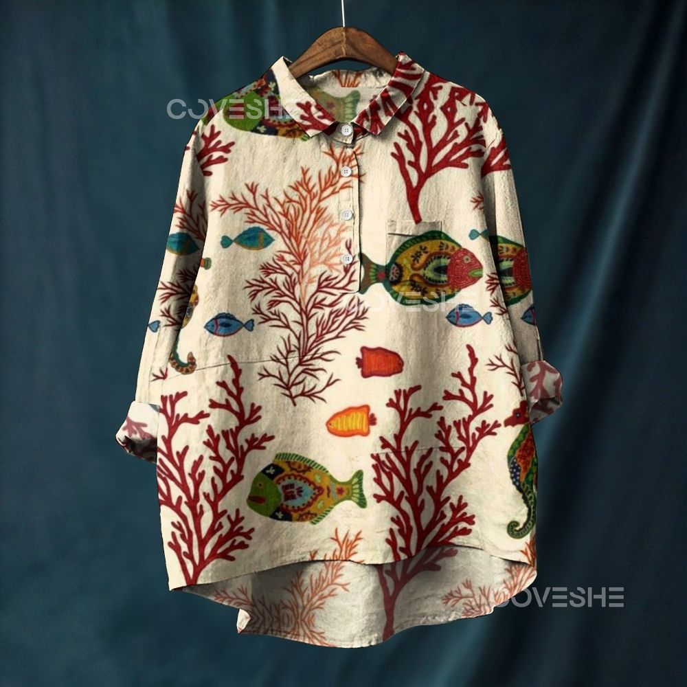 Women's Coral Vintage Fish Printed Casual Long Sleeve Shirt