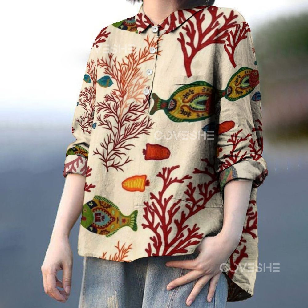 Women's Coral Vintage Fish Printed Casual Long Sleeve Shirt
